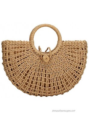 Straw Bags for Women,Hand-woven Straw Top-handle Bag with Round Ring Handle Summer Beach Rattan Tote Handbag