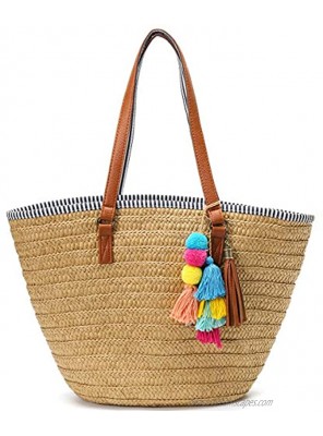 Straw Beach Bags Tote Tassels Bag Hobo Summer Handwoven Shoulder Bags Purse With Pom Poms