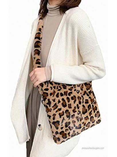 Women Leopard Print Clutch Handbag Plush Faux Fur Tote Bag Soft Warm Shoulder Crossbody Purse