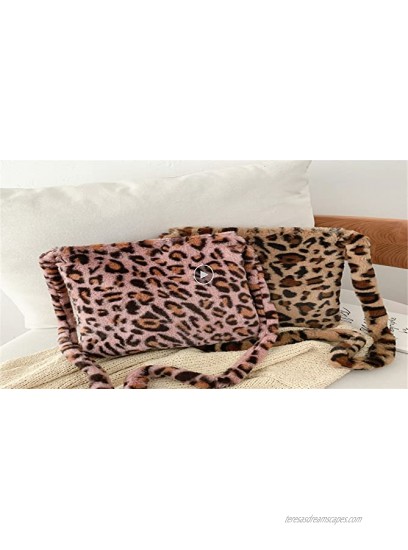 Women Leopard Print Clutch Handbag Plush Faux Fur Tote Bag Soft Warm Shoulder Crossbody Purse