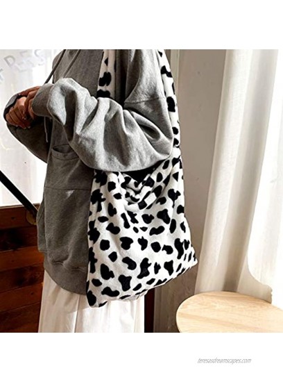 Women Leopard Print Shoulder Bag Fluffy Plush Clutch Faux Fur Handbag Tote Bag