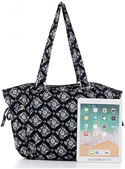 Women Signature Cotton Tote Handbag Medium Size Shoulder Bag Quilted Teacher Work Tote Bag