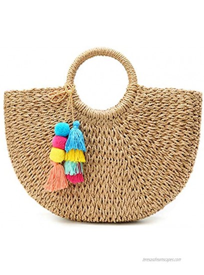 Womens Large Straw Beach Tote Bag Hobo Summer Handwoven Bags Purse wth Pom Poms