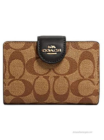 COACH Signature Medium Leather Corner Zip Wallet in Khaki-Black Style C0082