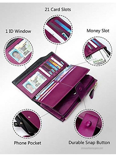 Demon&Hunter Women's RFID Blocking Large Capacity Luxury Wax Genuine Leather Purse Wallet DZA2083 One Size DZA2083V x Purple