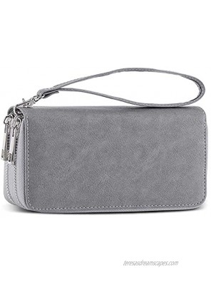 Double Zipper Long Clutch Wallet Cellphone Wallet for Women with Hand Strap for Card Cash Coin Bill