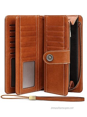 Large Capacity RFID Blocking Genuine Leather Wallets for Women Credit Card Holder with 2 ID Windows and Wristlet Zipper Pocket Clutch Purse Brown