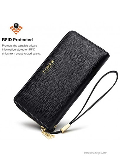 Leather Zip Around Wallets for Women Genuine Leather RFID Blocking Gift Box Packing 17 Card Slots Ladies Long Purses with Zipper Coin Pocket Women's Clutch Wallets with Wristband Black