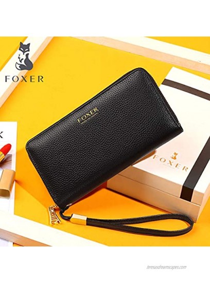 Leather Zip Around Wallets for Women Genuine Leather RFID Blocking Gift Box Packing 17 Card Slots Ladies Long Purses with Zipper Coin Pocket Women's Clutch Wallets with Wristband Black