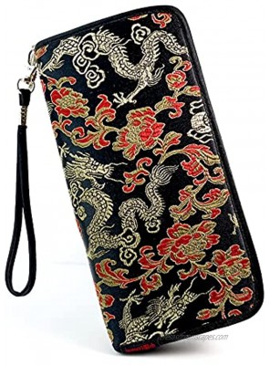 OEENOC Women'S Wallet RFID Blocking Long Wallet Silk Fabric,Detachable Wrist Strap Black Dragon