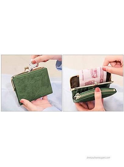 Pofee Womens Wallet Rfid Small Compact Bifold Leather Vintage Wallet,Ladies Coin Purse With Zipper and Kiss Lock