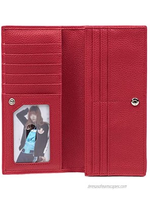 RFID Blocking Ultra Slim Thin Real Leather Bifold Clutch Wallets for Women Credit Card Holder Large with ID Window Zipper Pocket Red