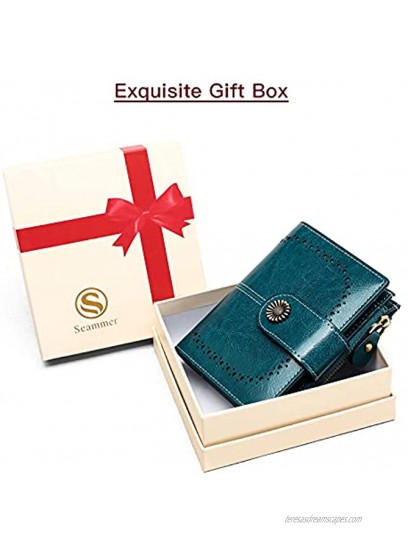 Small Women Genuine Leather RFID Blocking Bifold Wallets Purse with Zipper Coin Pocket 2 ID Windows 16 Credit Card Slots Cash Compartment and Elegant Gift Box Blue