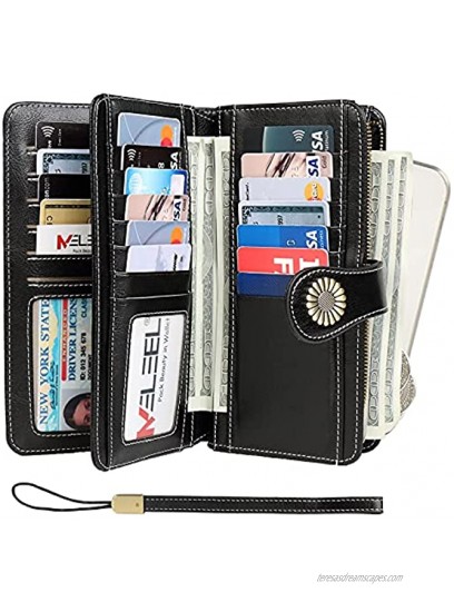 Wallets for Women Genuine Leather RFID Blocking Large Capacity Card Holder Ladies Purse Wristlet Black