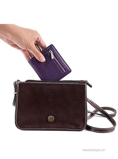Women's Leather RFID Small Compact Bifold Pocket Wallet Ladies Mini Purse with id Window Purple